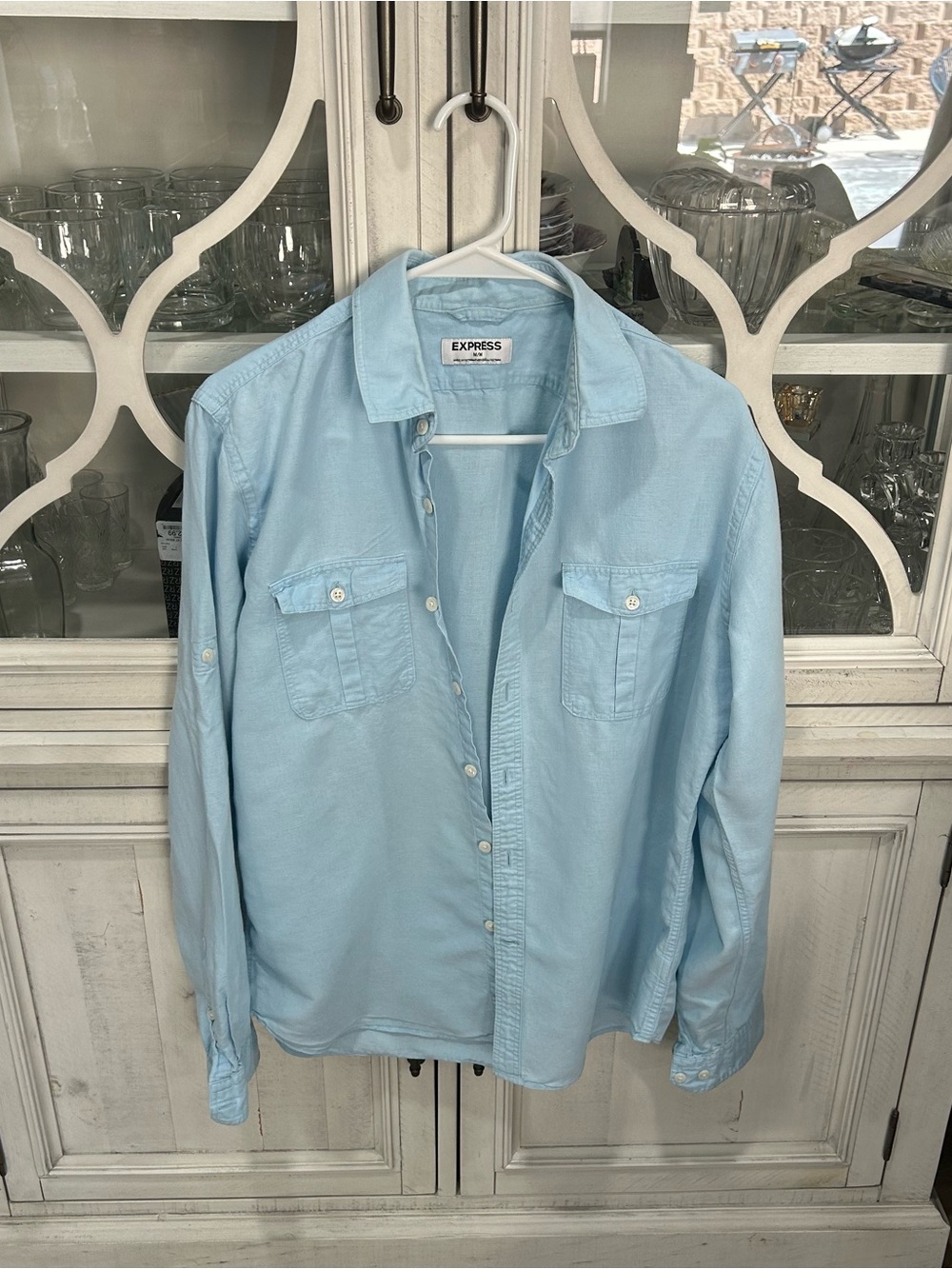 NWOT Express Light Blue Linen Blend Button Down Shirt Medium - Picture 2 of 6